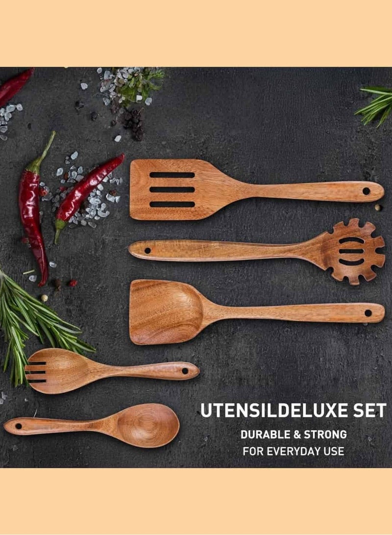 5-Piece Wooden Spoons for Cooking -  Kitchen Utensil Set made of Natural Solid Wood Material - Includes Salad Spoons, Spaghetti Spoon,Slotted Spatula, Salad Fork, Flat Spatula - Image 2